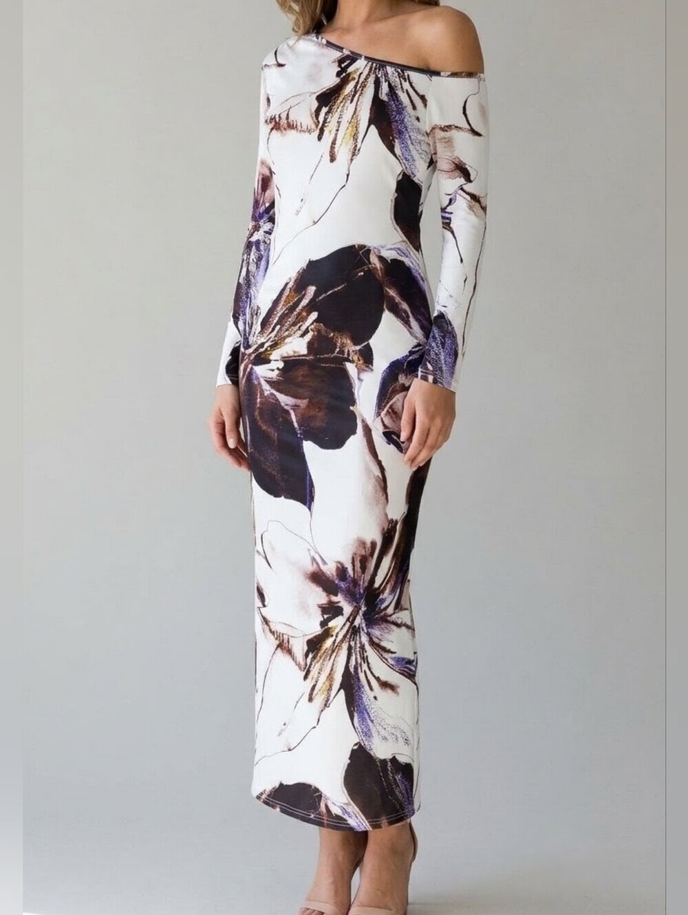 Floral One Shoulder Ruched Maxi Dress White Purple Long Sleeve - Small - NWT